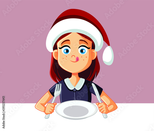 Hungry Girl Ready to Eat at Christmas Dinner