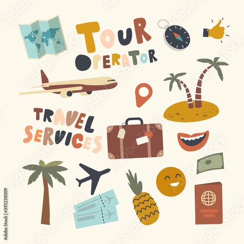 Set of Icons Tour Operator Theme. Luggage, Suitcase, Airplane and Palm Trees, Pineapple, Foreign Passport and Wold Map