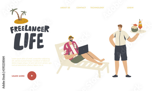 Businessman Enjoying on Tropical Beach Resort Vacation .Landing Page Template. Character Sitting on Lounge Outdoors