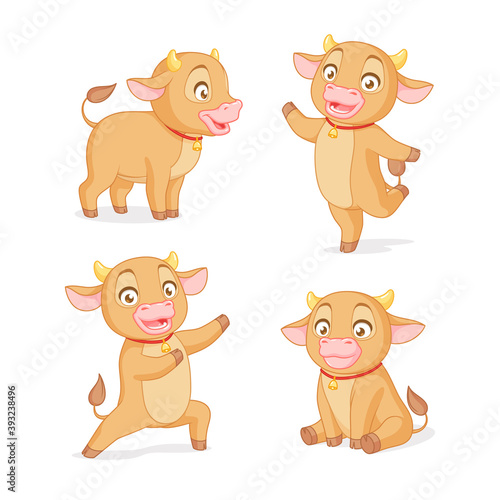 Cute baby ox in various poses. Set of cartoon vector illustrations on white background.