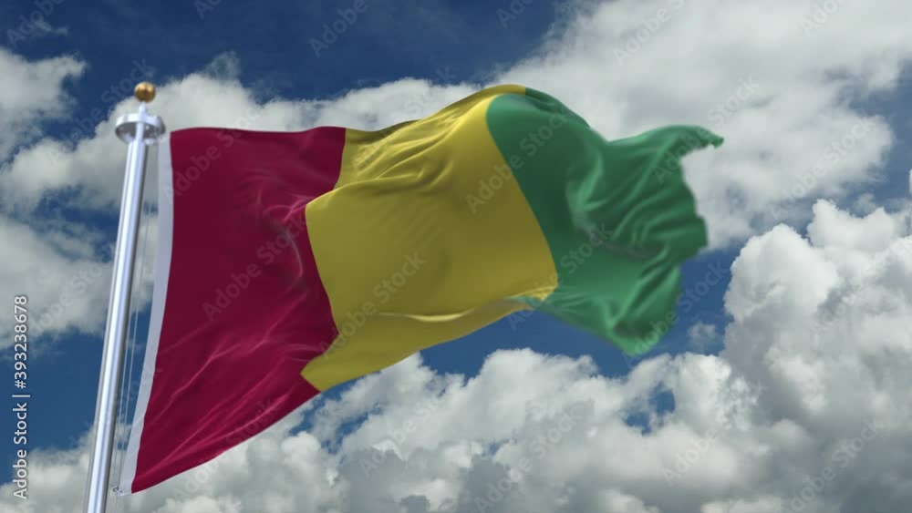 4k looping flag of Guinea with flagpole waving in wind;timelapse rolling clouds background.A fully digital rendering. 4k looping flag of Guinea with flagpole waving in wind;timelapse rolling clouds background.A fully digital rendering.