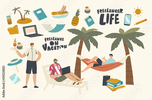 Freelancers Male Characters Wear Summer Clothes Sitting on Deck Chair and Hammock under Palm Tree on Tropical Vacation