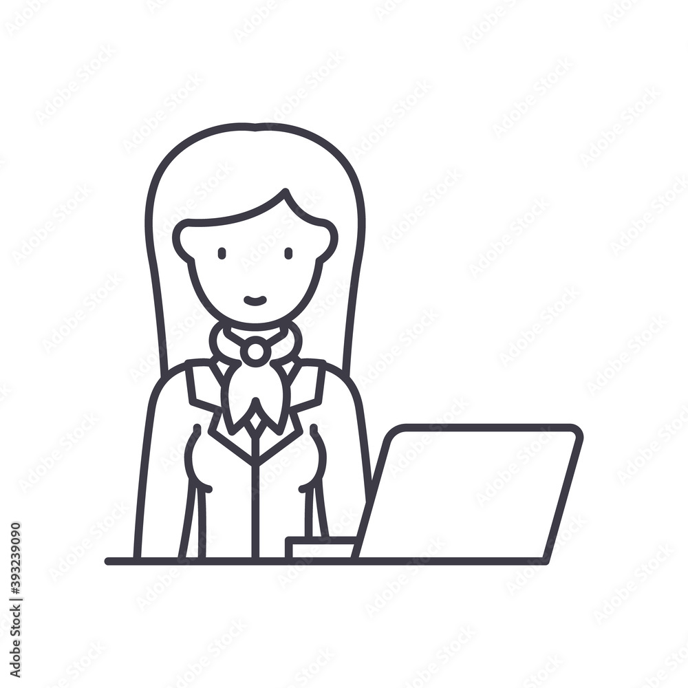 Working woman in office icon, linear isolated illustration, thin line vector, web design sign, outline concept symbol with editable stroke on white background. Working woman in office icon, linear isolated illustration, thin line vector, web design sign, outline concept symbol with editable stroke on white background.