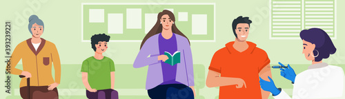 Vaccination Vector. People Sitting in Line Wait for Vaccine Injection by Female Doctor in Clinic, Hospital, Public Medical Service. Elderly, Kid, Young Man & Woman Cartoon Character Flat Design Style.