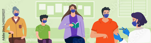 Covid-19 Immunization Vector. People Wear Face Mask Sitting in Line Wait for Vaccine Injection by Female Doctor in Clinic, Hospital, Public Medical Service. Elderly, Kid, Young Man & Woman Flat Design