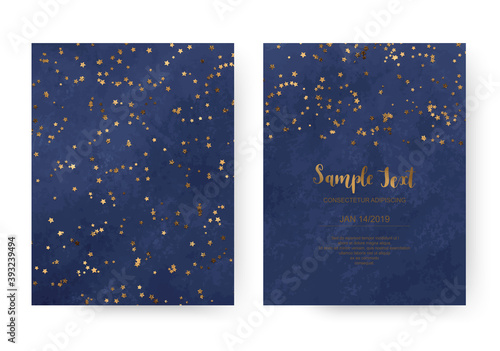 Holiday acrylic navy blue celebration invitation cards with gold stars confetti.