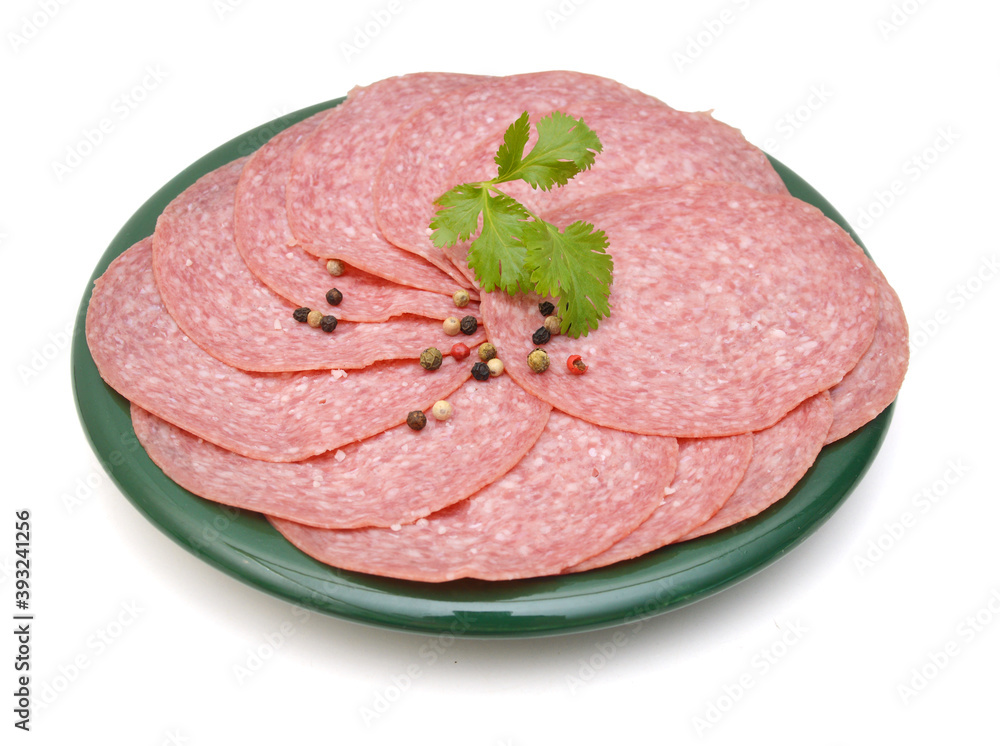 Salami smoked sausage slices isolated on white background.