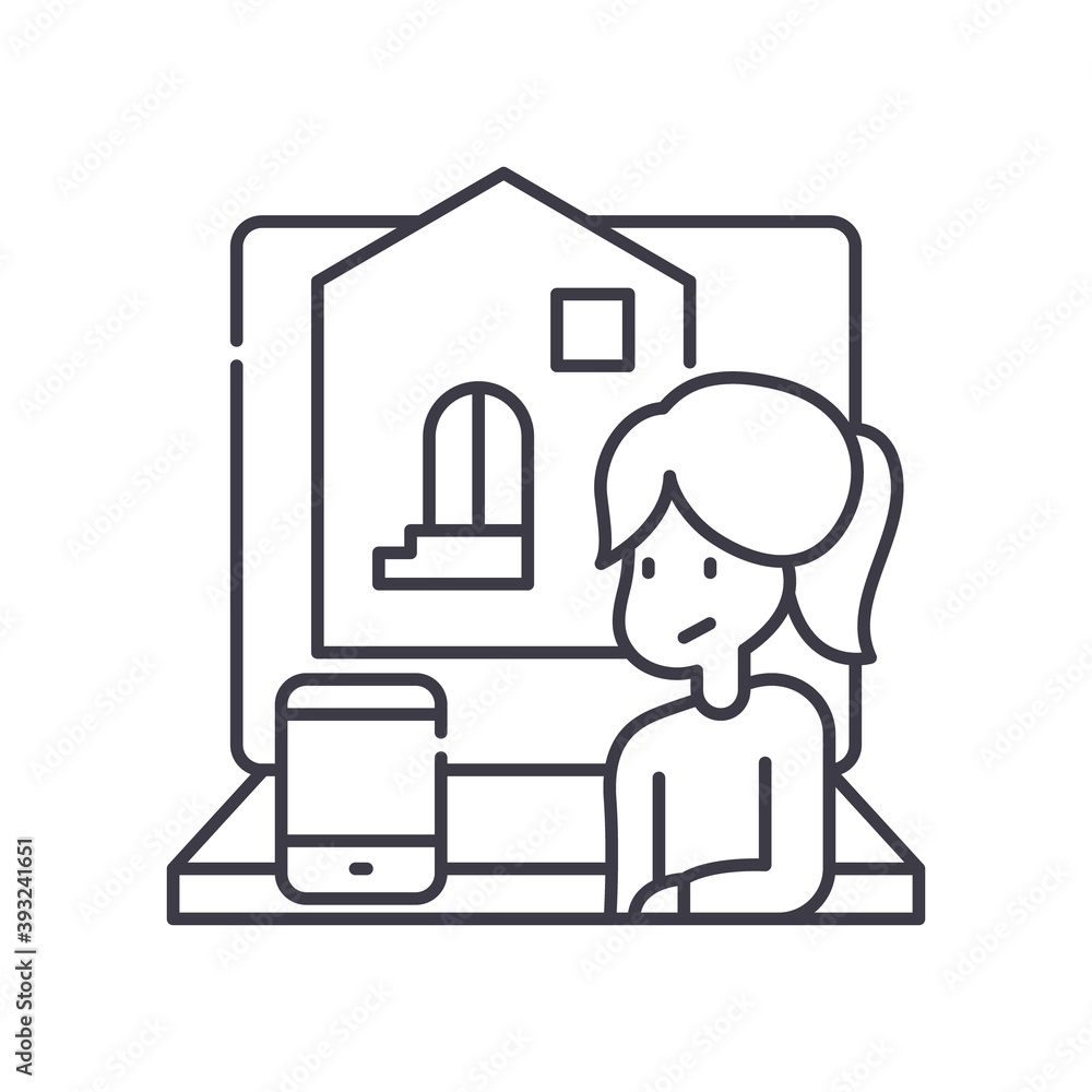 Work at home icon, linear isolated illustration, thin line vector, web design sign, outline concept symbol with editable stroke on white background. Work at home icon, linear isolated illustration, thin line vector, web design sign, outline concept symbol with editable stroke on white background.