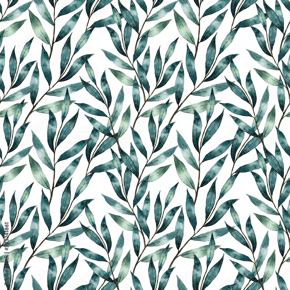 Watercolor seamless pattern with green leaves. Hand drawn illustration isolated on white background. Watercolor seamless pattern with green leaves. Hand drawn illustration isolated on white background.