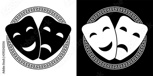 set of comedy and tragic theatrical masks framed in Greek ornament. Theatrical premieres, circus poster. Vector