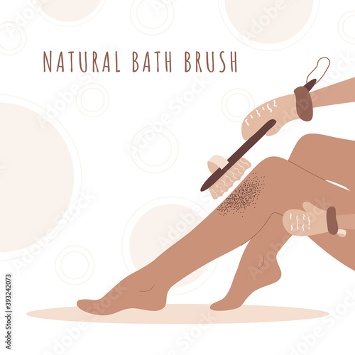 Woman exfoliating legs with dry wooden brush. Home body care. Skin health. Vector illustration in cartoon style.