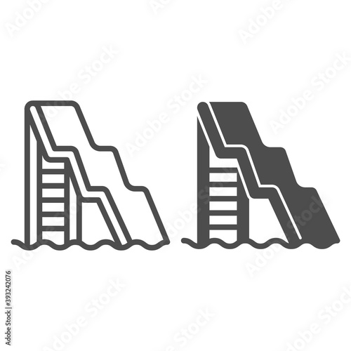 Water slide with ladder line and solid icon, Aquapark concept, water attractions sign on white background, Big water slide icon in outline style for mobile concept and web design. Vector graphics.