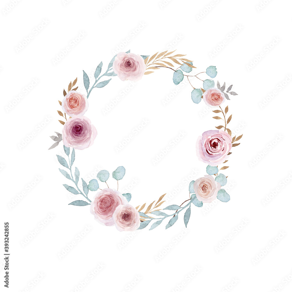 Floral wreath with green leaves eucalyptus, pink roses. Watercolor illustration isolated on white background.