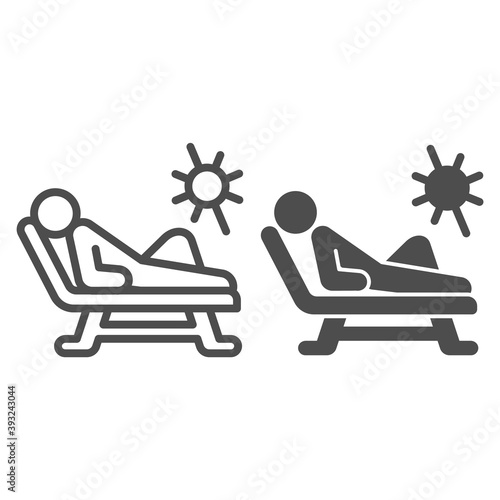Beach chair and a man relaxing in sun line and solid icon, Aquapark concept, Man sunbathing sign on white background, Person relaxing on a chaise longue icon in outline style. Vector graphics.