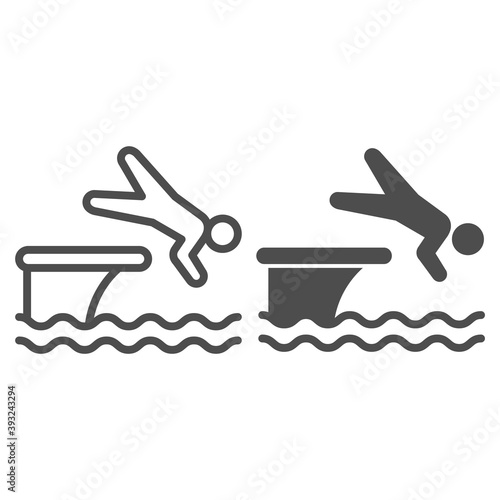 Man jump in water line and solid icon, Aquapark concept, swimmer jumping from starting block to pool sign on white background, Athlete diving from springboard icon in outline style. Vector graphics.