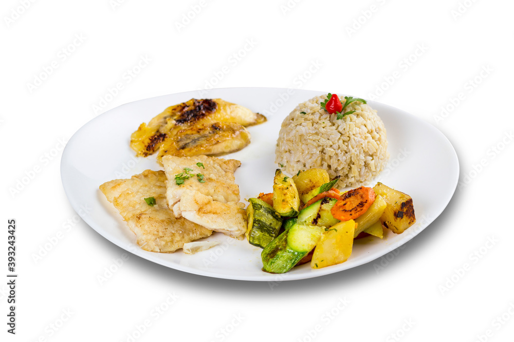 Typical Brazilian food, executive dish, food menu. Fish, rice and vegetables. white background