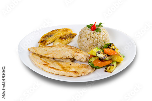 Typical Brazilian food, executive dish, food menu. Chicken breast and rice. White background