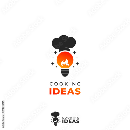 Cooking idea inspiration logo idea bulb lamp with flame and chef hat logo icon symbol illustration