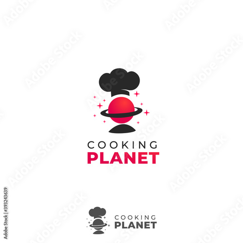 Cooking planet logo template planet with ring and chef hat icon symbol illustration
