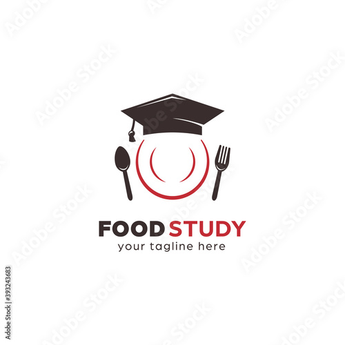 Cooking food nutrition study education logo with academic graduation cap and plate icon illustration