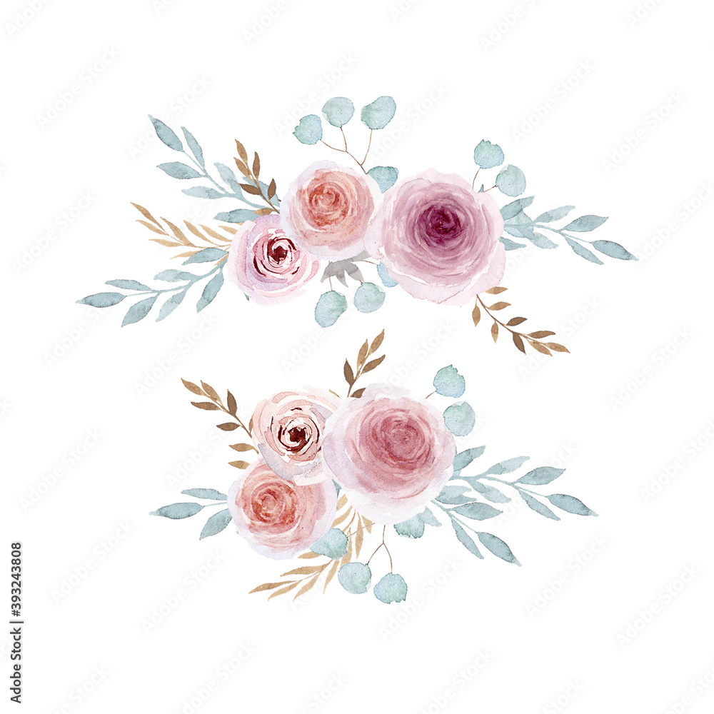 Watercolor vintage flowers and leaves. Floral composition. Botanical illustration. Isolated on white background.