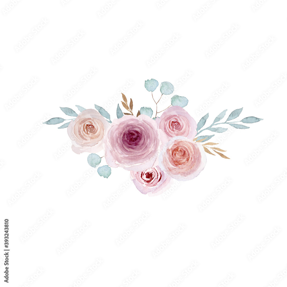 Obraz Watercolor vintage flowers and leaves. Floral composition. Botanical illustration. Isolated on white background.