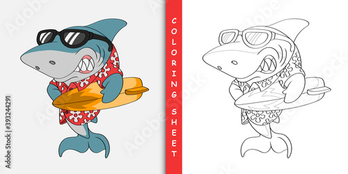 Smiling surfer shark cartoon, Coloring Sheet