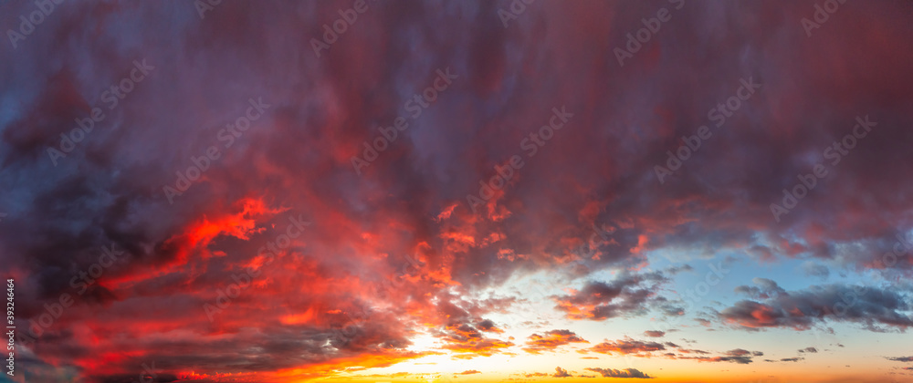 Beautiful Panoramic View of colorful cloudscape during dramatic sunset. Taken in White Rock, Vancouver, British Columbia, Canada.