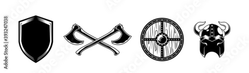 vintage retro black and white of viking shield axes war helmet vector illustration