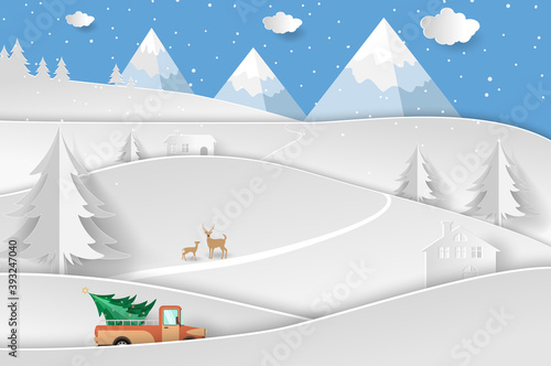 Christmas Tree Truck Pickup and Deer in forest with snow and mountain. paper art and digital craft style.