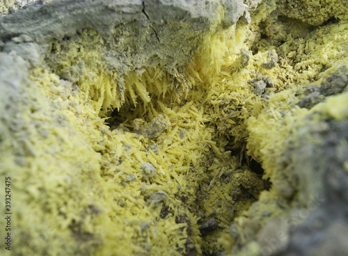 Volcanic activity, crystal sulfur in the volcanic fumarole photo