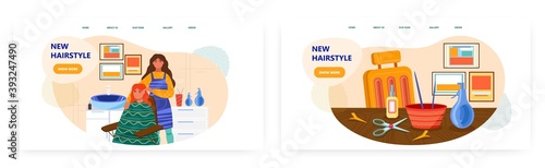 Woman in hair beauty salon, cocept vector illustration. Hairdresser making haircut to female client. Hair cut salon interior and stylist professional equipment. Chair, scissors, spray bottle