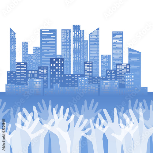 Silhouette of stretched up hands on city of skyscrapers background. Democratic voting. Peoples choice. Voting for everyone. Vector element for cards  templates  banners and your creativity.