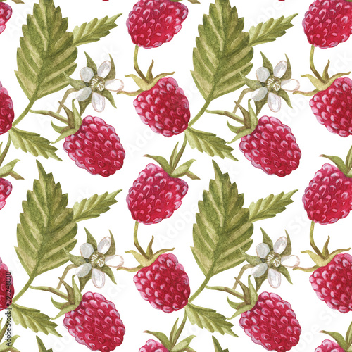 Seamless pattern with raspberry berry. Watercolor illustration. The print is used for Wallpaper design, fabric, textile, packaging.
