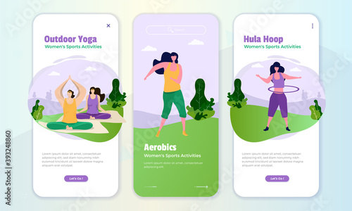 Onboard screen with illustration about women's sport activities like outdoor yoga, aerobics and hula hoop