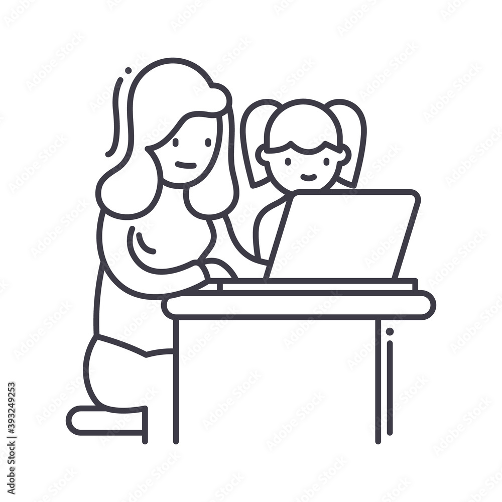 Woman work with kid at laptop icon, linear isolated illustration, thin line vector, web design sign, outline concept symbol with editable stroke on white background. Woman work with kid at laptop icon, linear isolated illustration, thin line vector, web design sign, outline concept symbol with editable stroke on white background.