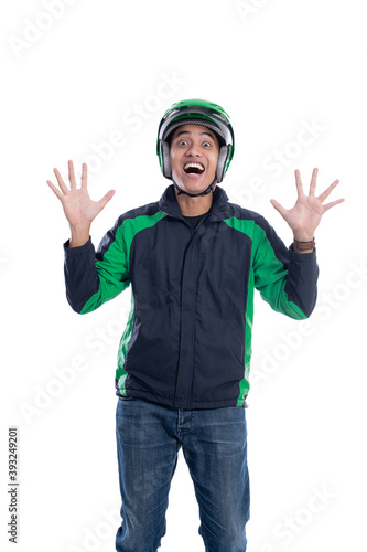 successful motor taxi rider raise his arm isolated over white background