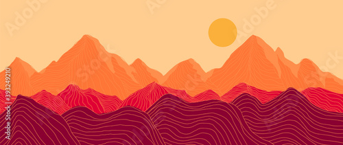 Mountain line arts background vector. Landscape with mountains and sun, Mountainous terrain, Sun set wallpaper design for wall arts, cover, fabric. Vector illustration.