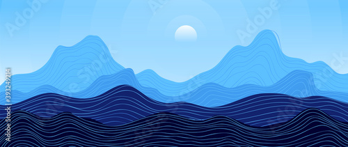 Mountain line arts background vector. Landscape with mountains and sun, Mountainous terrain, Sun set wallpaper design for wall arts, cover, fabric. Vector illustration.