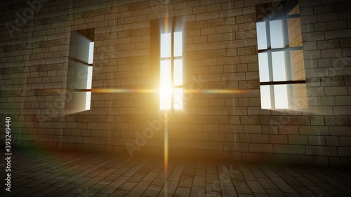 Rays Light Window background  Inside a room with a window and light rays penetrate to cast an image of the words freedom  3D Rendering