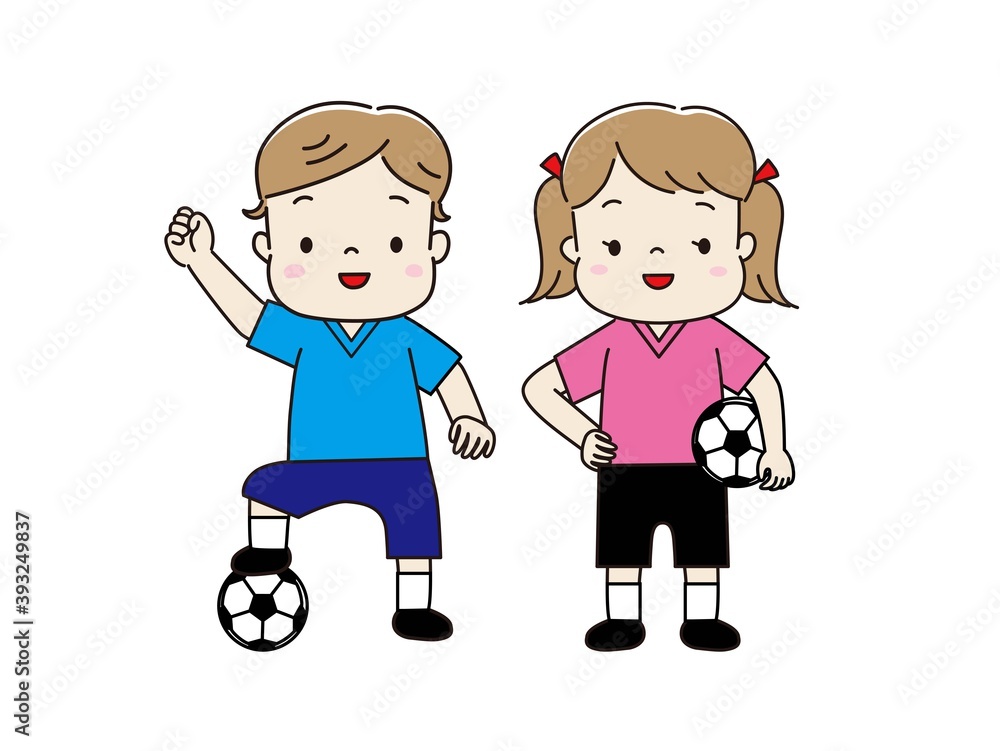サッカーのユニフォームを着てボールを抱えた子供たち サッカーのユニフォームを着てボールを抱えた子供たち