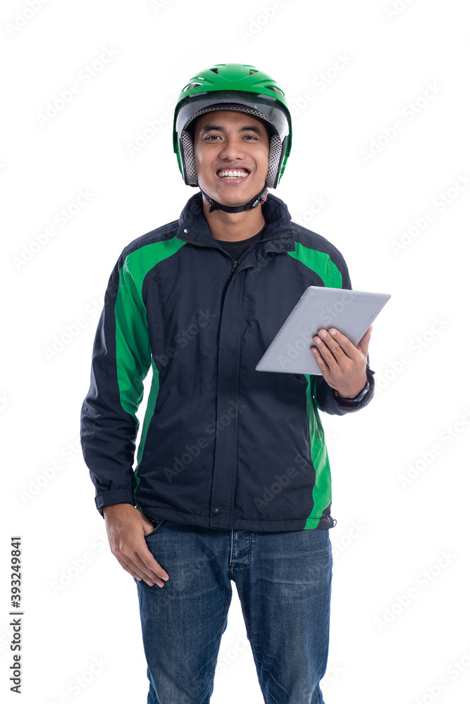 male courier driver holding tablet pc isolated over white background male courier driver holding tablet pc isolated over white background