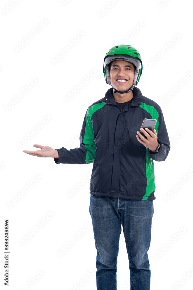 taxi driver with helmet presenting blank space over white background taxi driver with helmet presenting blank space over white background