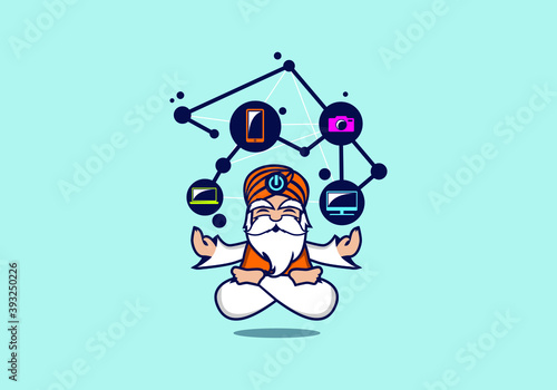 modern tech bearded gadget guru cartoon mascot vector illustration