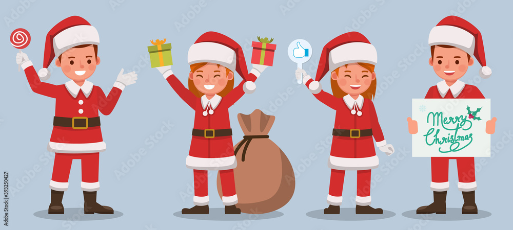 Set of kids wearing Christmas costumes character vector design. Presentation in various action with emotions. no12