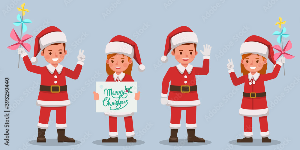 Set of kids wearing Christmas costumes character vector design. Presentation in various action with emotions. no14