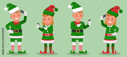 Set of kids wearing christmas elf costumes character vector design. Presentation in various action with emotions. no2