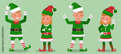 Set of kids wearing christmas elf costumes character vector design. Presentation in various action with emotions. no4