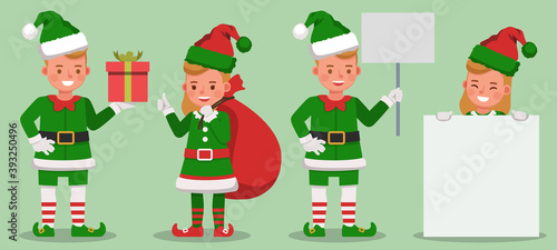 Set of kids wearing christmas elf costumes character vector design. Presentation in various action with emotions. no6