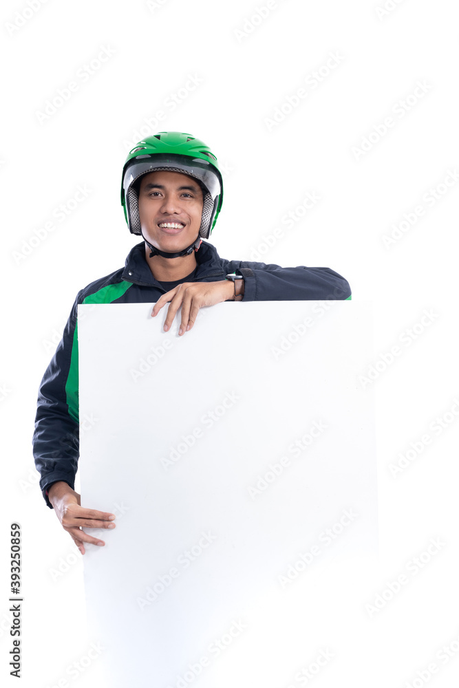 portrait of uber rider with helmet holding blank white board portrait of uber rider with helmet holding blank white board